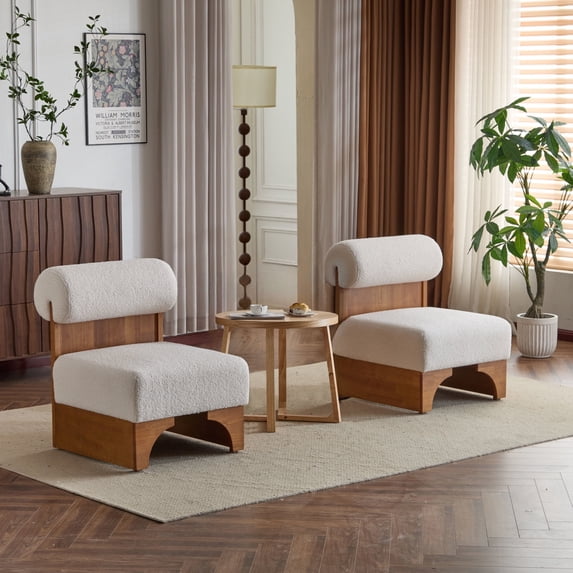 GDF Studio Modern Boucle Fabric Lounge Chairs, Accent Chairs with Rolled Backrests, Solid Wood Frame, Beige, Set of 2