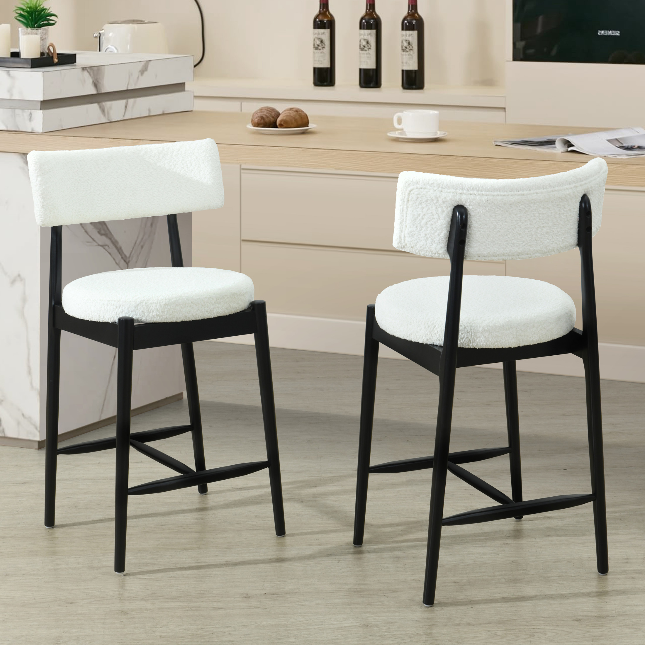 GDF Studio Modern Counter Stools, Mid Century Height Bar Stools for Bar Kitchen Dining Room, Black+Beige, Set of 2