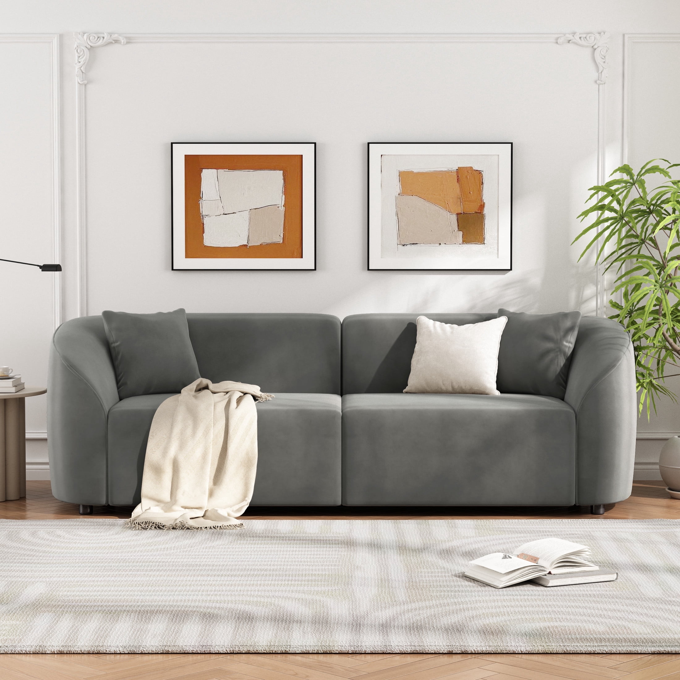 GDF Studio Modern Curved 3-Seater Sofa with Luxurious Velvet Upholstery, Grey