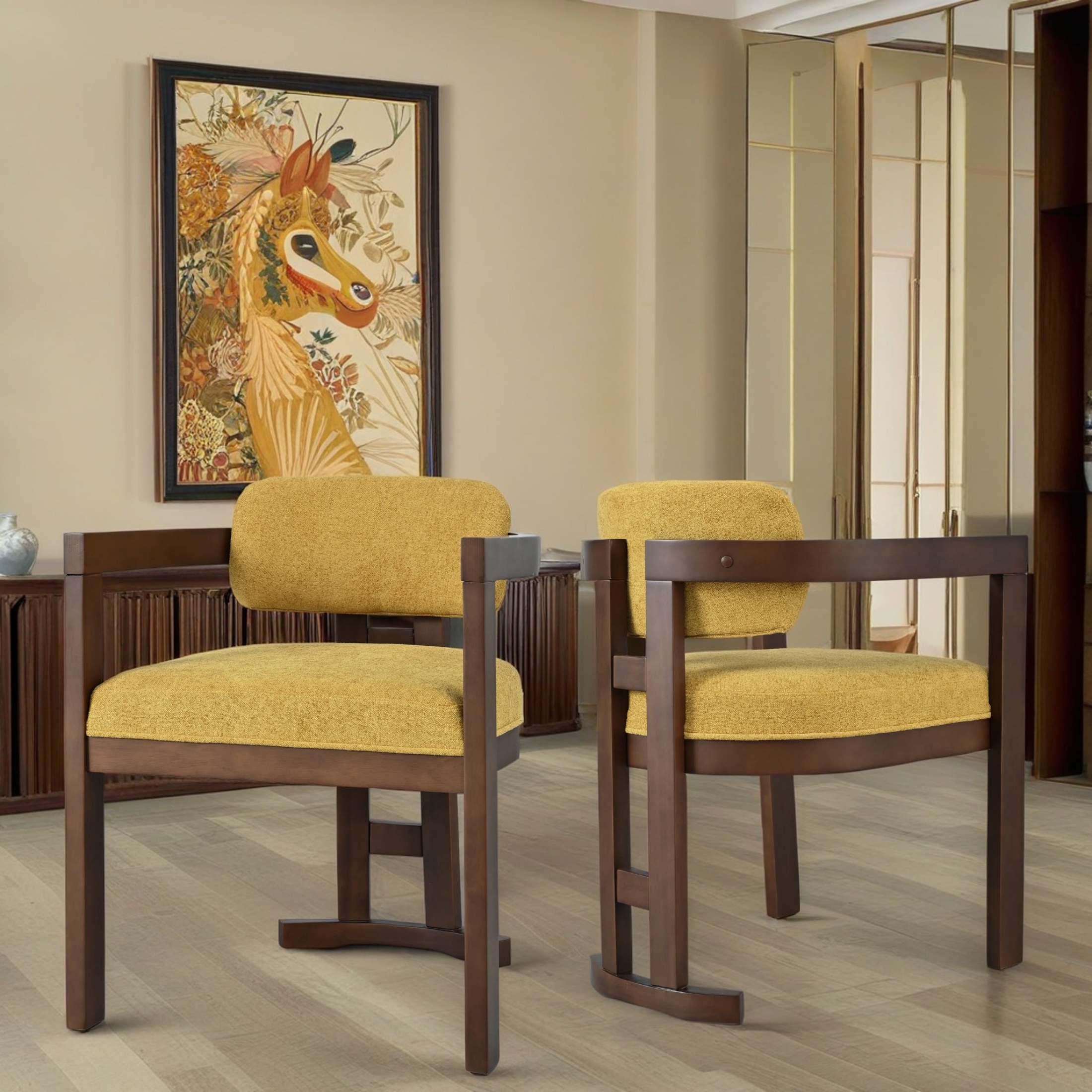 GDF Studio Modern Fabric Upholstered Dining Chairs with Solid Wood Frame, Yellow+Walnut, Set of 2