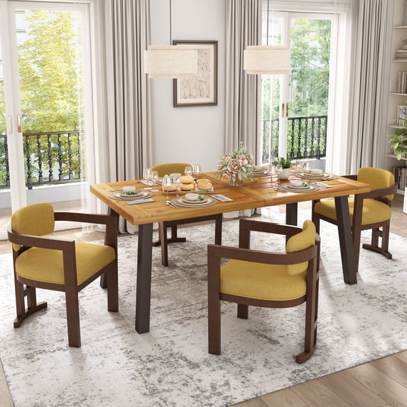 GDF Studio Modern Fabric Upholstered Dining Chairs with Solid Wood Frame, Yellow+Walnut, Set of 4
