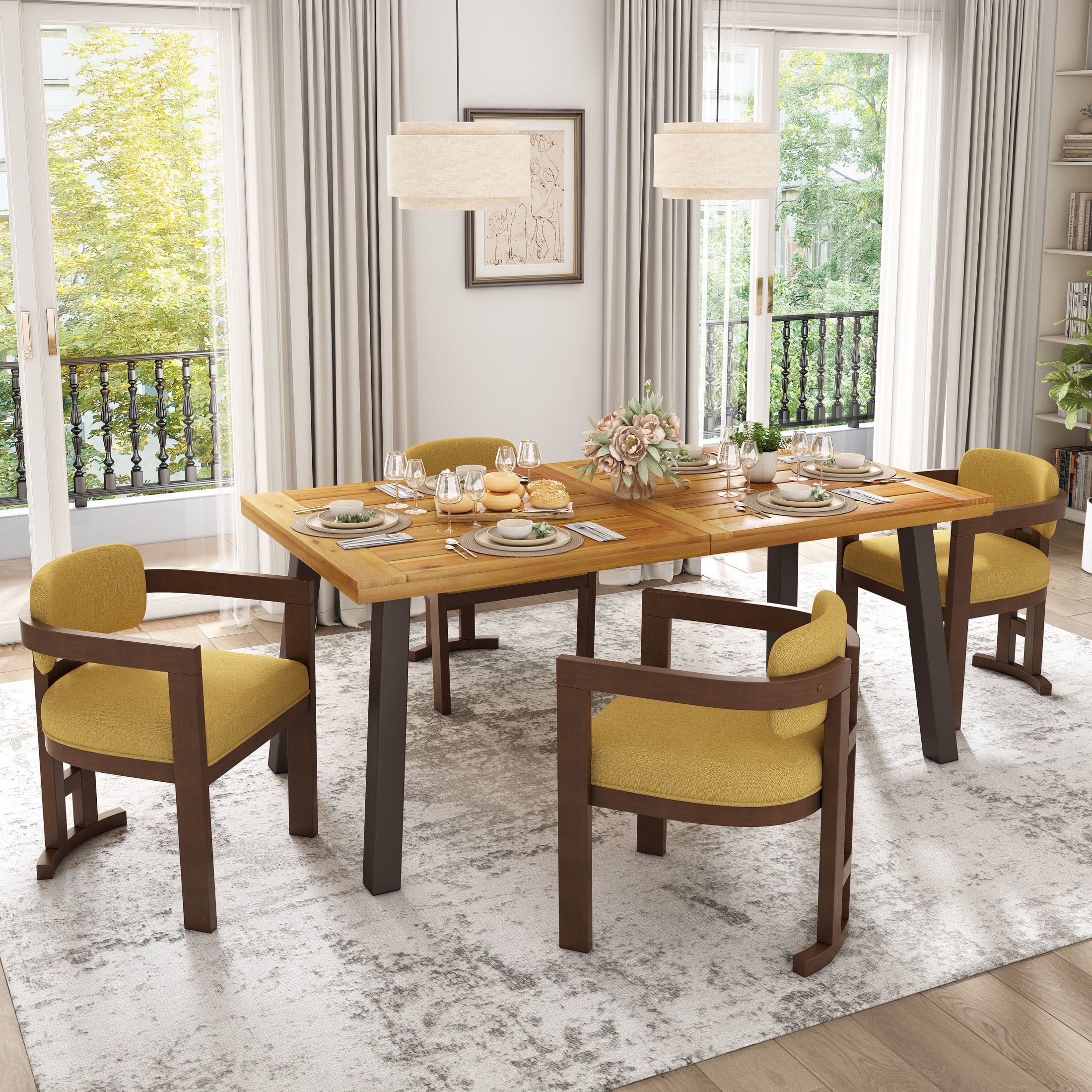 GDF Studio Modern Fabric Upholstered Dining Chairs with Solid Wood Frame, Yellow+Walnut, Set of 4