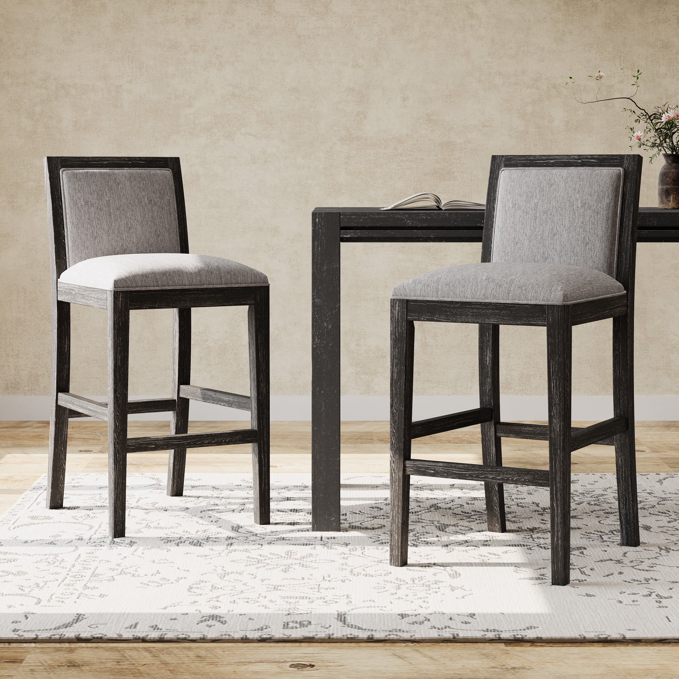 Modern Black and Grey Upholstered Wood Counter Stools, Set of 2