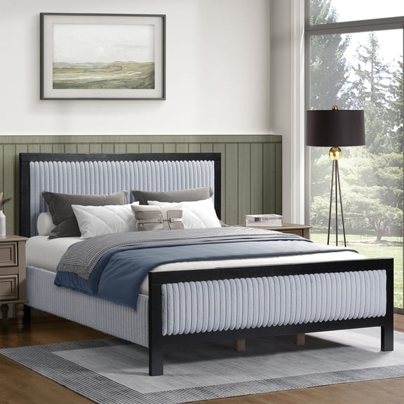 GDF Studio Modern King Size Upholstered Platform Bed with Fluffy Soft Headboard & Wood Frame, Grey+Black