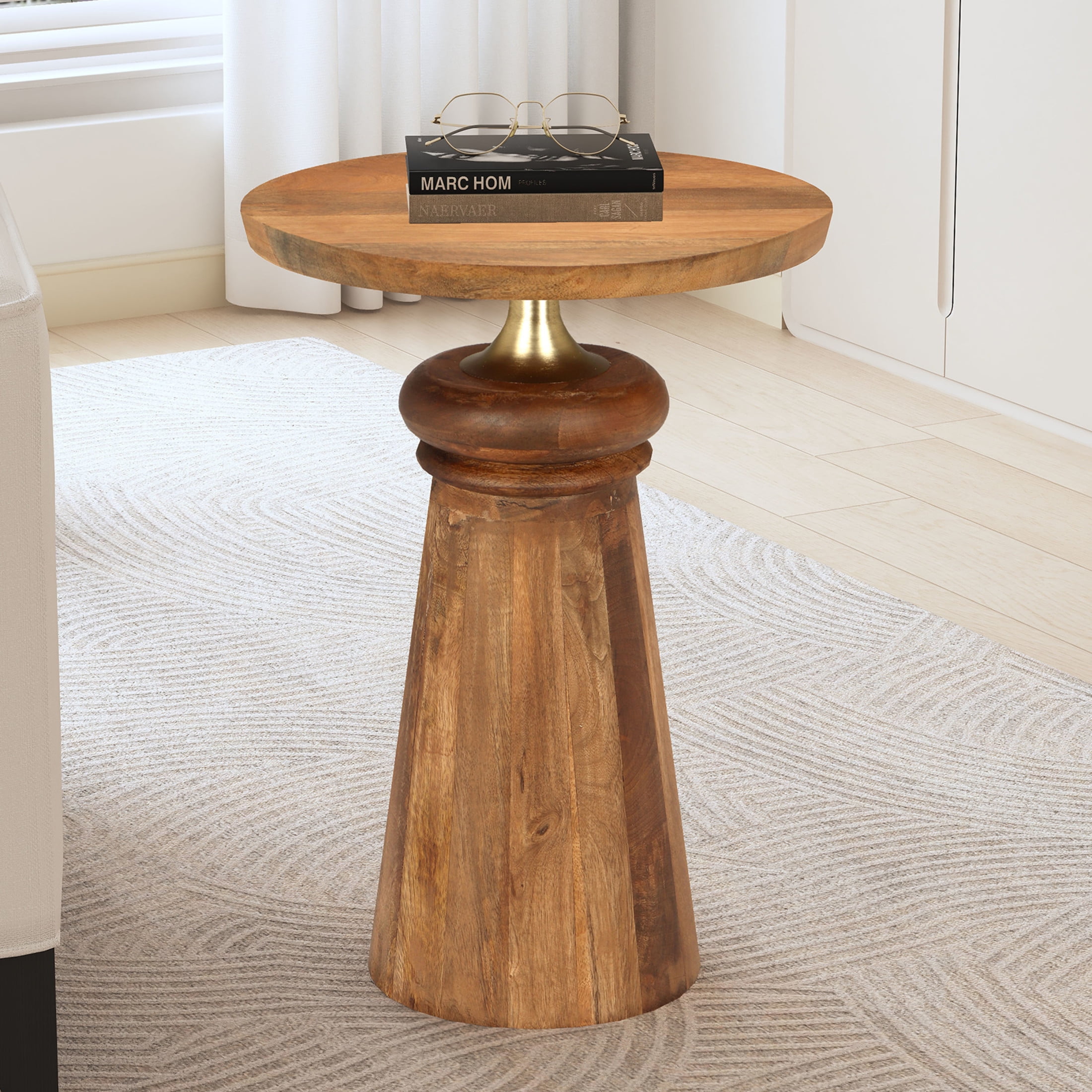 GDF Studio Modern Mango Wood Round End Table with Metal Accent Base ...