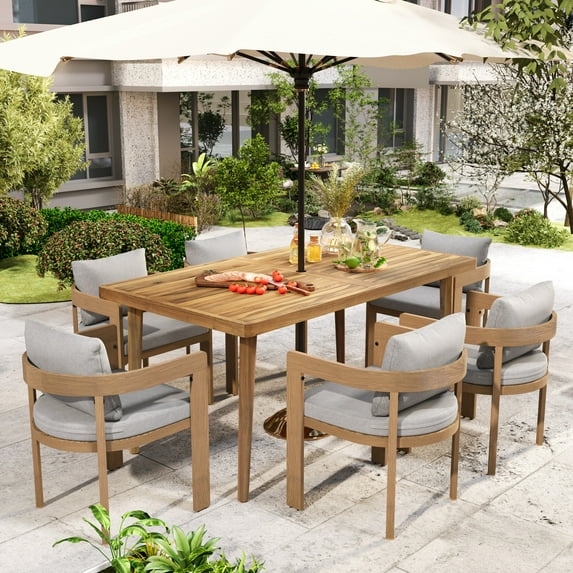 GDF Studio Modern Outdoor Patio 7 Piece Dining Set, Wood Table & 6 Aluminum Chairs with Cushions, Teak Finished+Light Gray