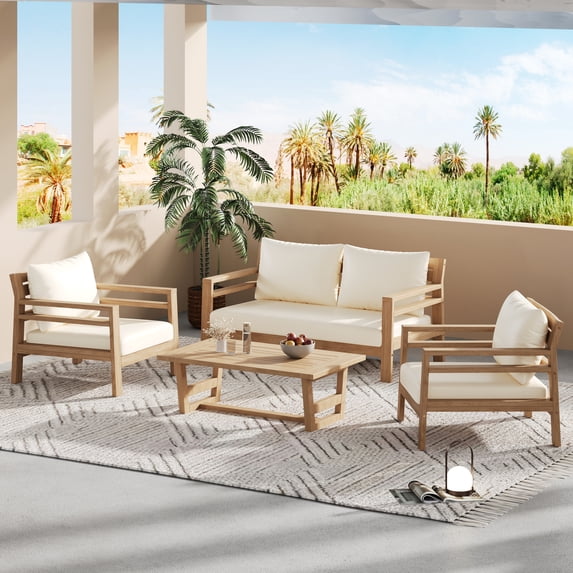 GDF Studio Modern Outdoor Patio Conversation Set, 4 Seat Sofa Set with Coffee Table, Solid Wood Frame, Beige Cushions