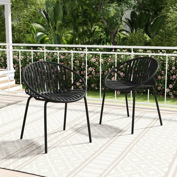 GDF Studio Modern Outdoor Patio Dining Chairs with Metal Legs & Breathable Plastic Backrest, Black, Set of 2