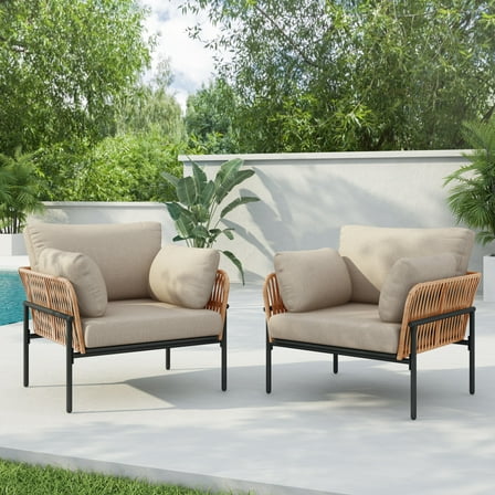 GDF Studio Modern Outdoor Patio Lounge Chairs, Club Chairs with Rope Accents, Iron Frames, Cushions, Natural+Beige, Set of 2