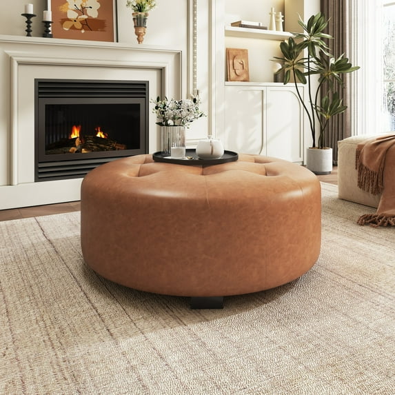GDF Studio Modern PU Round Ottoman, Button Tufted Design, Birch Wood Legs, Orange+Dark Brown