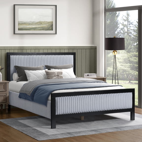 GDF Studio Modern Queen Size Upholstered Platform Bed with Fluffy Soft Headboard & Wood Frame, Grey+Black