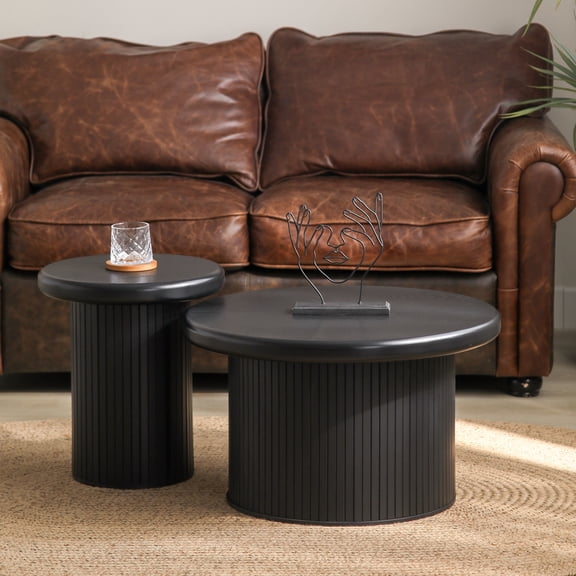 GDF Studio Modern Round Coffee Table Set, Dual Tables with Fluted Base, Black