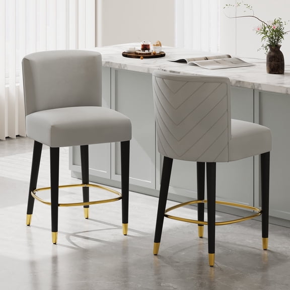 GDF Studio Modern Tufted Counter Height Bar Stools with Gold Footrests and Black Solid Wood Legs, Set of 2, Grey