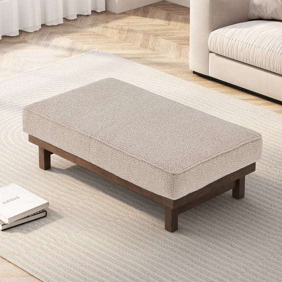 GDF Studio Modern Upholstered Cocktail Ottoman Bench with Boucle Cushion Top, Light Brown