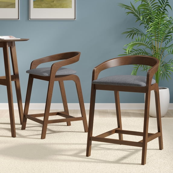 GDF Studio Modern Upholstered Counter Stools, Ergonomic Design, Solid Wood Frame, Dark Gray+Walnut, Set of 2