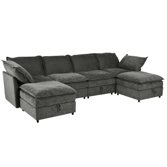 GDF Studio Modular 6-Seater Sofa Set with Storage, Cushions & Pillows, Grey