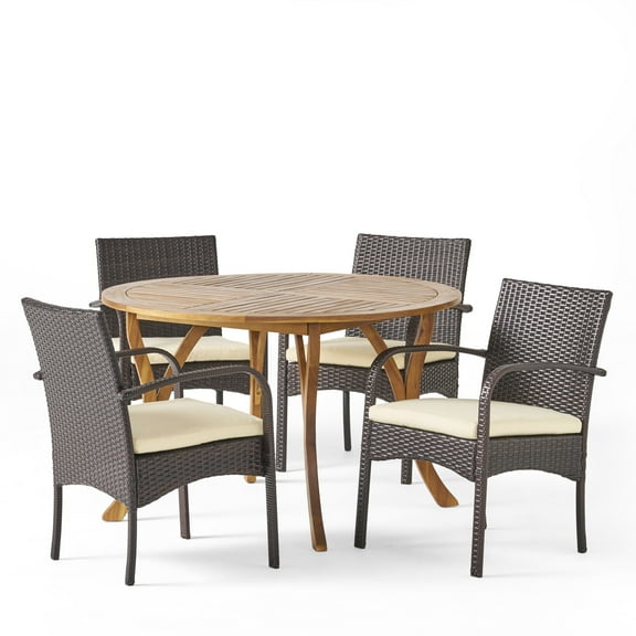 GDF Studio Montgomery Outdoor Acacia Wood and Wicker 5 Piece Dining Set with Cushion, Teak, Multibrown, and Cream