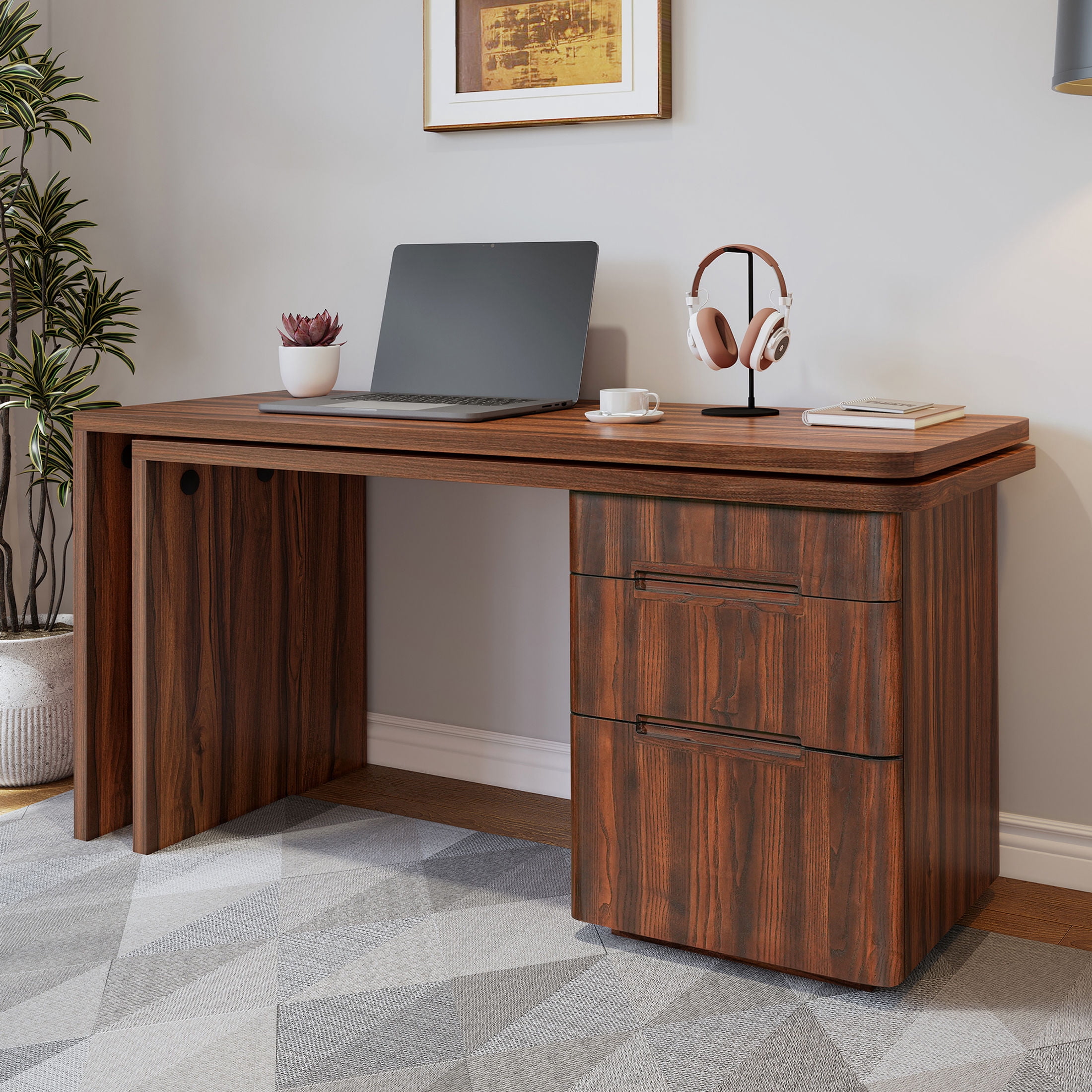GDF Studio Morad 90" Modern 360° Rotating L-Shaped Executive Desk with Storage Drawers, Corner Workstation, Walnut