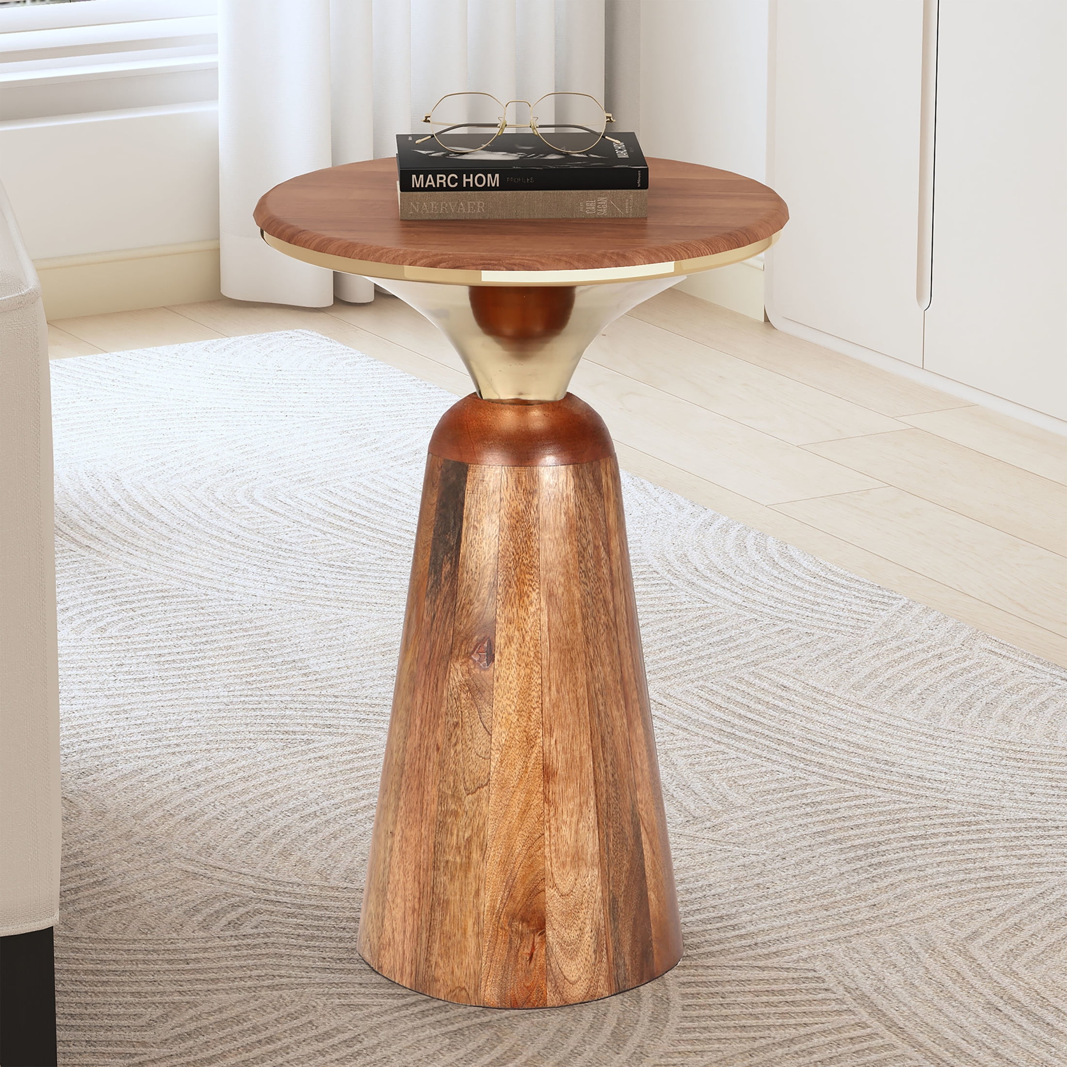 GDF Studio Morden Mango Wood Round End Table with Metal Accent, Gold ...