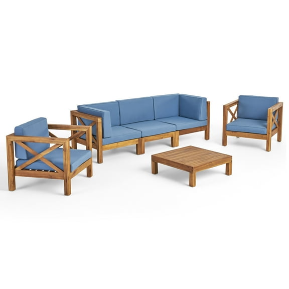 GDF Studio Morgan Outdoor 5 Seater Acacia Wood Sofa Chat Set, Teak Finish and Blue