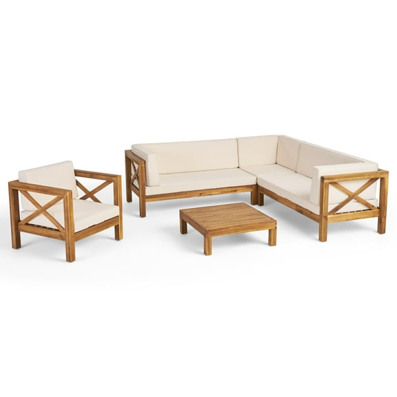 GDF Studio Morgan Outdoor 6 Seater Acacia Wood Sectional Sofa, Teak Finish and Beige
