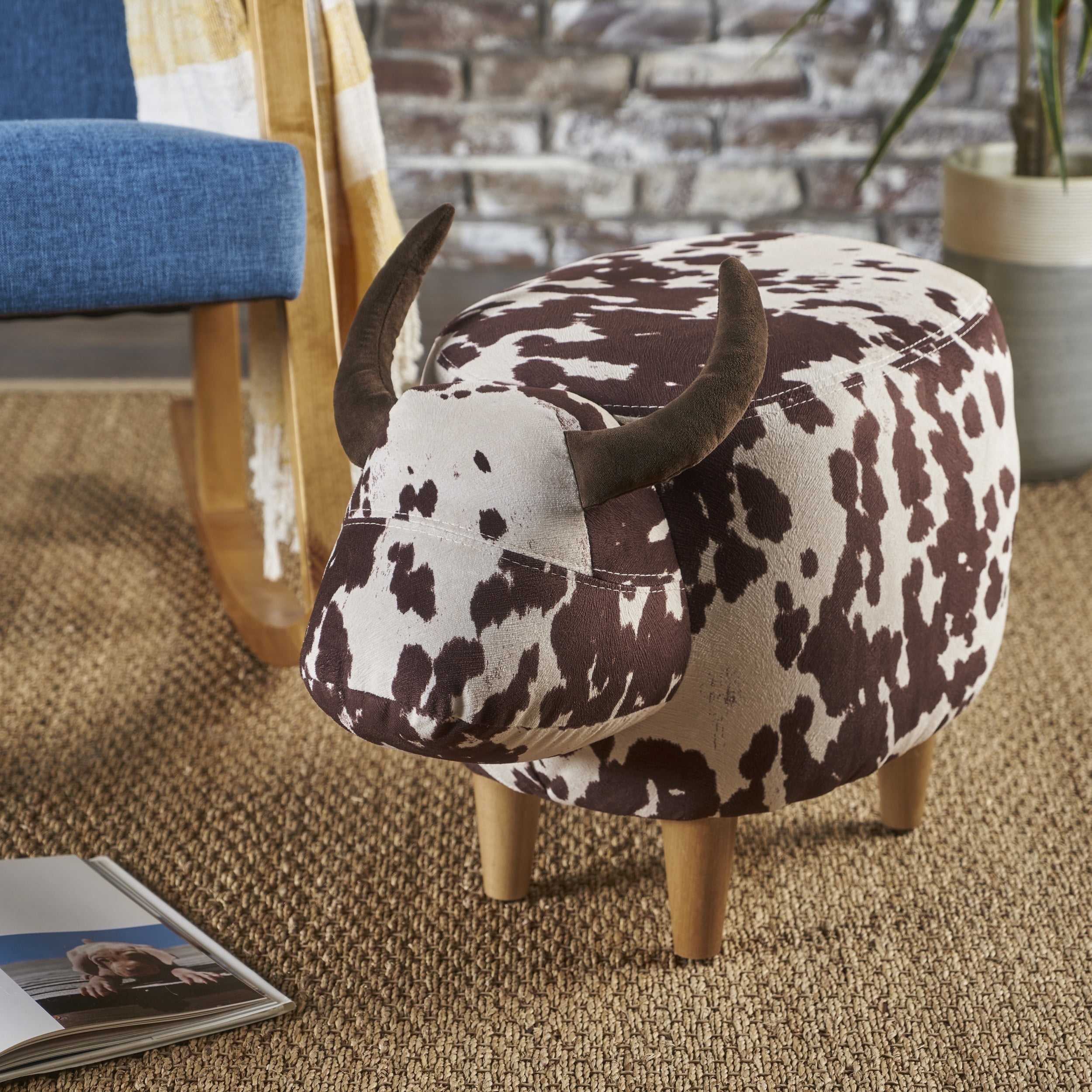 Brown and White Velvet Cow Ottoman with Rubberwood Legs