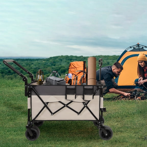 GDF Studio Multi-Functional Folding Wagon, Ergonomic Rotating Handle and 360 All-Terrain Wheels, Khaki and Gray