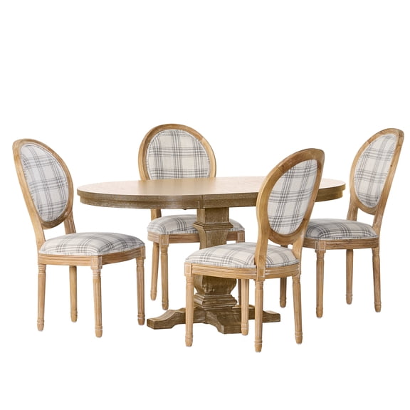 GDF Studio Naclerio French Country Fabric Upholstered Wood 5 Piece Dining Set, Gray Plaid and Natural
