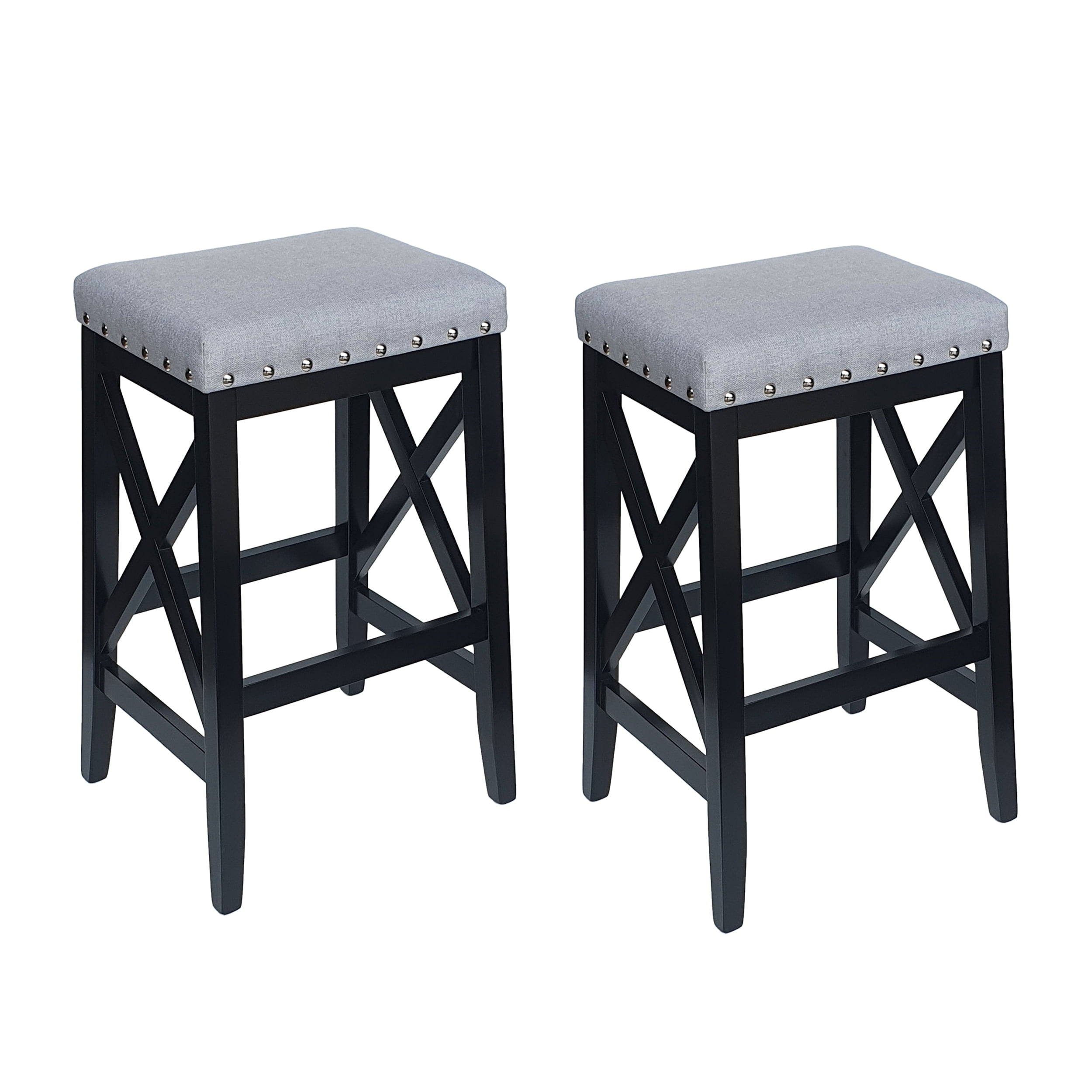 Black Rubberwood Backless Barstools with Light Gray Upholstered Seats, Set of 2