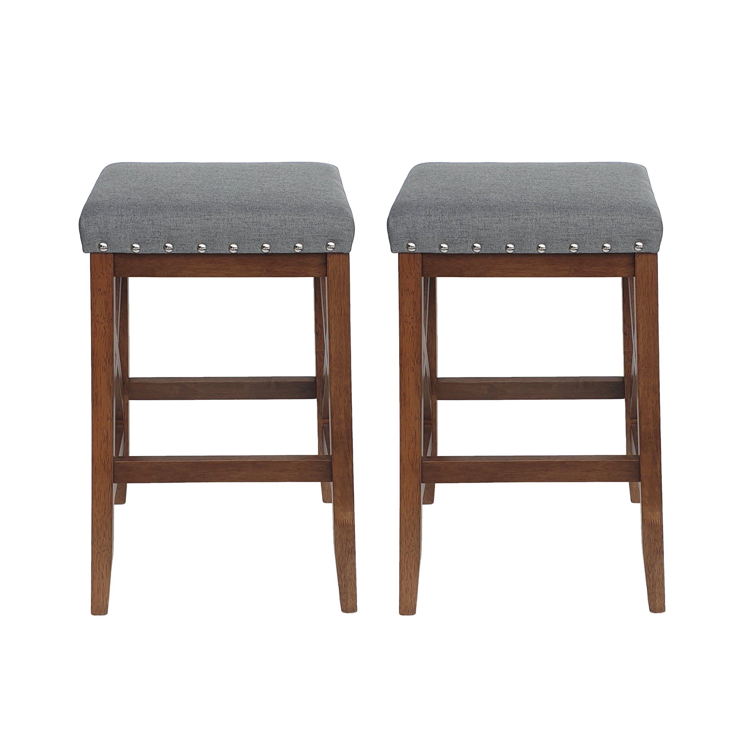 Walnut Wood Backless Barstools with Charcoal Upholstered Seats, Set of 2