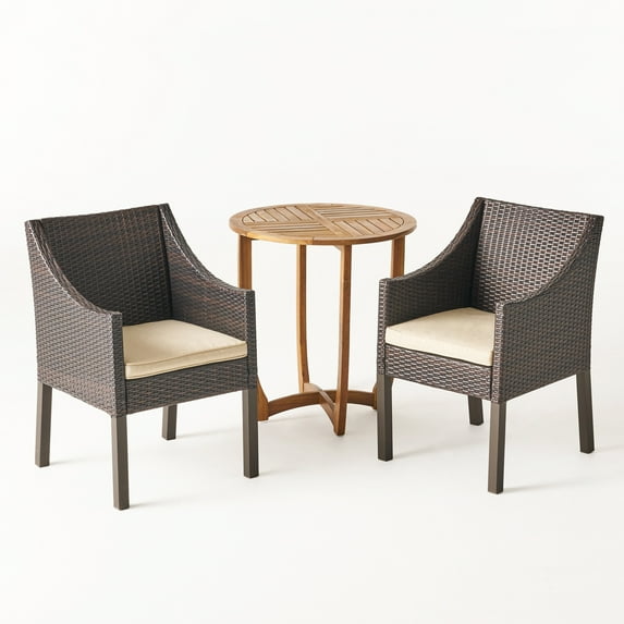 GDF Studio Naper Outdoor Acacia Wood and Wicker 3 Piece Bistro Set with Cushions, Teak, Multibrown, and Beige