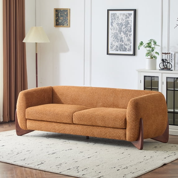 GDF Studio Nate Boucle Upholstery 3-seater Sofa, Rounded Design with Solid Wood Wedge Legs, Plush Cushions, Caramel