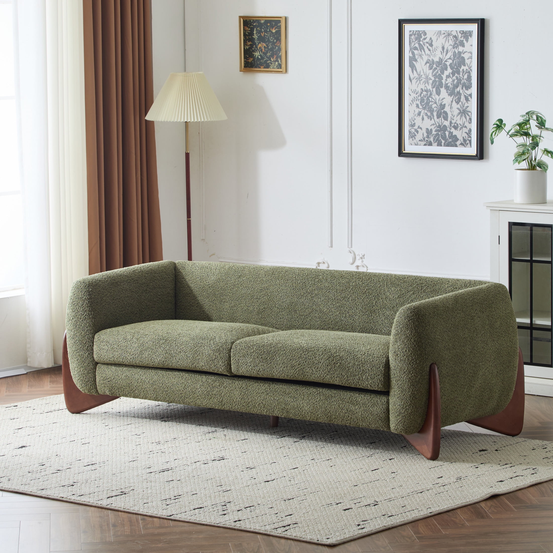 Olive Green Bouclé Fabric 3-Seater Sofa with Wood Legs