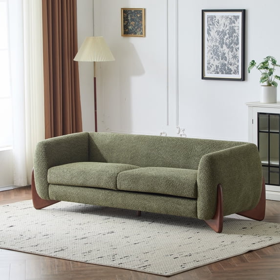 GDF Studio Nate Boucle Upholstery 3-seater Sofa, Rounded Design with Solid Wood Wedge Legs, Plush Cushions, Olive Green