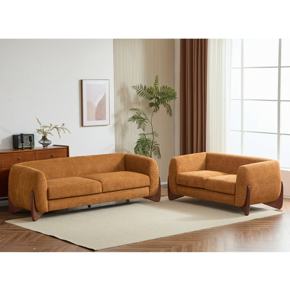 GDF Studio Nate Boucle Upholstery Sofa Set, Rounded Design with Solid Wood Wedge Legs, Plush Cushions, 3-seater Sofa and Loveseat, Caramel