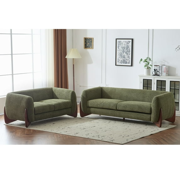 GDF Studio Nate Boucle Upholstery Sofa Set, Rounded Design with Solid Wood Wedge Legs, Plush Cushions, 3-seater Sofa and Loveseat, Olive Green