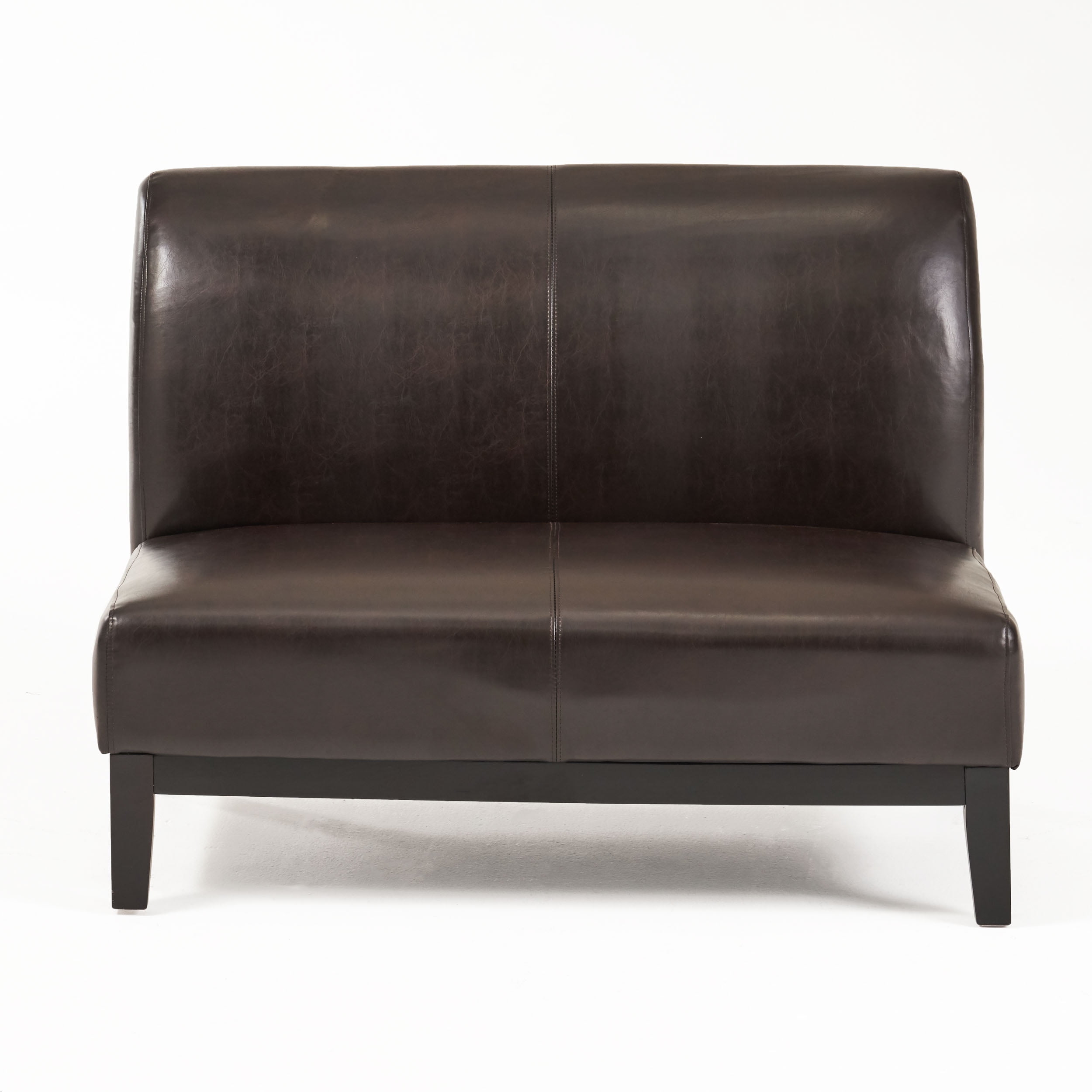 Brown Faux Leather Armless Loveseat with Wooden Legs