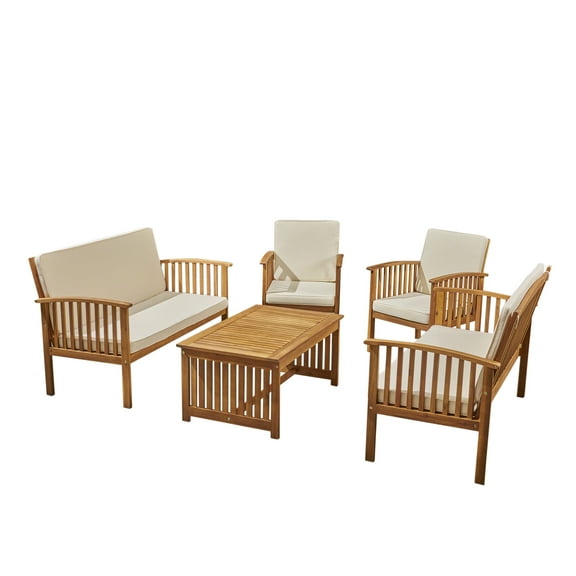 GDF Studio Navan Outdoor 5-Piece Acacia Wood Sofa Set, Brown Patina and Cream