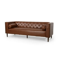 GDF Studio Neilan Contemporary Faux Leather Tufted 3 Seater Sofa with Bolster Pillows, Cognac Brown and Espresso