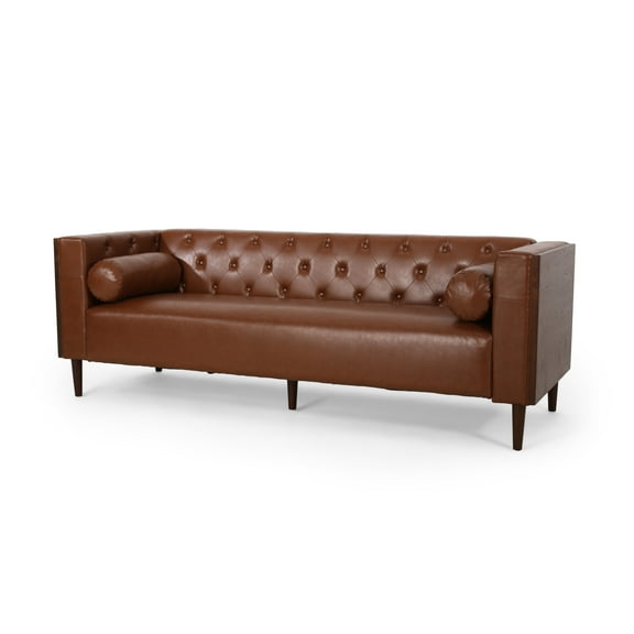 GDF Studio Neilan Contemporary Faux Leather Tufted 3 Seater Sofa with Bolster Pillows, Cognac Brown and Espresso