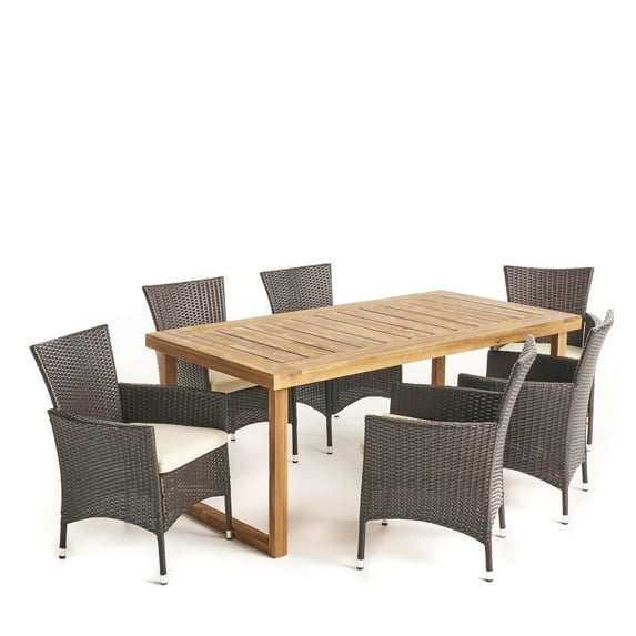 GDF Studio Nestor Outdoor Acacia Wood and Wicker 7 Piece Dining Set with Cushion, Beige, Sandblasted Multibrown, and Natural