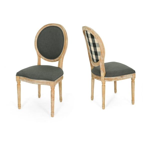 GDF Studio Newman French Country Upholstered Dining Chairs, Set of 2, Black Checkerboard, Dark Gray Fabric, and Natural