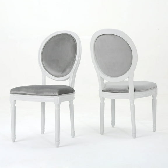 GDF Studio Newman French Country Upholstered Dining Chairs, Set of 2, Light Gray Velvet and Gloss White