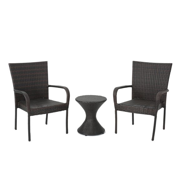 GDF Studio Newton Outdoor 3 Piece Wicker Stacking Chairs Set with Hourglass Side Table, Multibrown