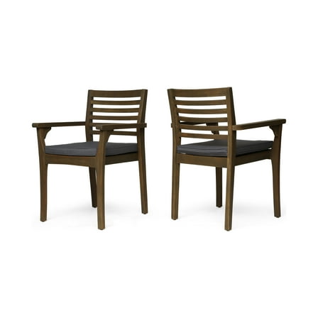 GDF Studio Nicola Patio Dining Chairs, Acacia Wood and Outdoor Cushions, Gray and Dark Gray, Set of 2