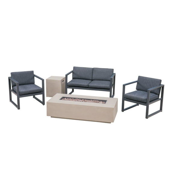 GDF Studio Noah Outdoor Aluminum 4 Seater Chat Set with Fire Pit, Dark Gray, Black, and Light Gray