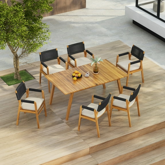 GDF Studio Nordic 7-Piece Outdoor Dining Set with Acacia Wood Open Stripe Table and Rope-Back Chairs, Black + Teak