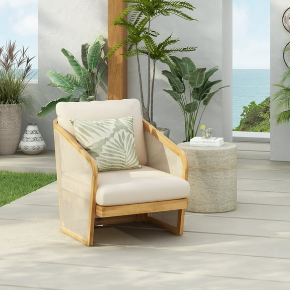 GDF Studio Nordic Outdoor Patio Lounge Chair, Acacia Wood Frame, Waterproof Cushions, Beige