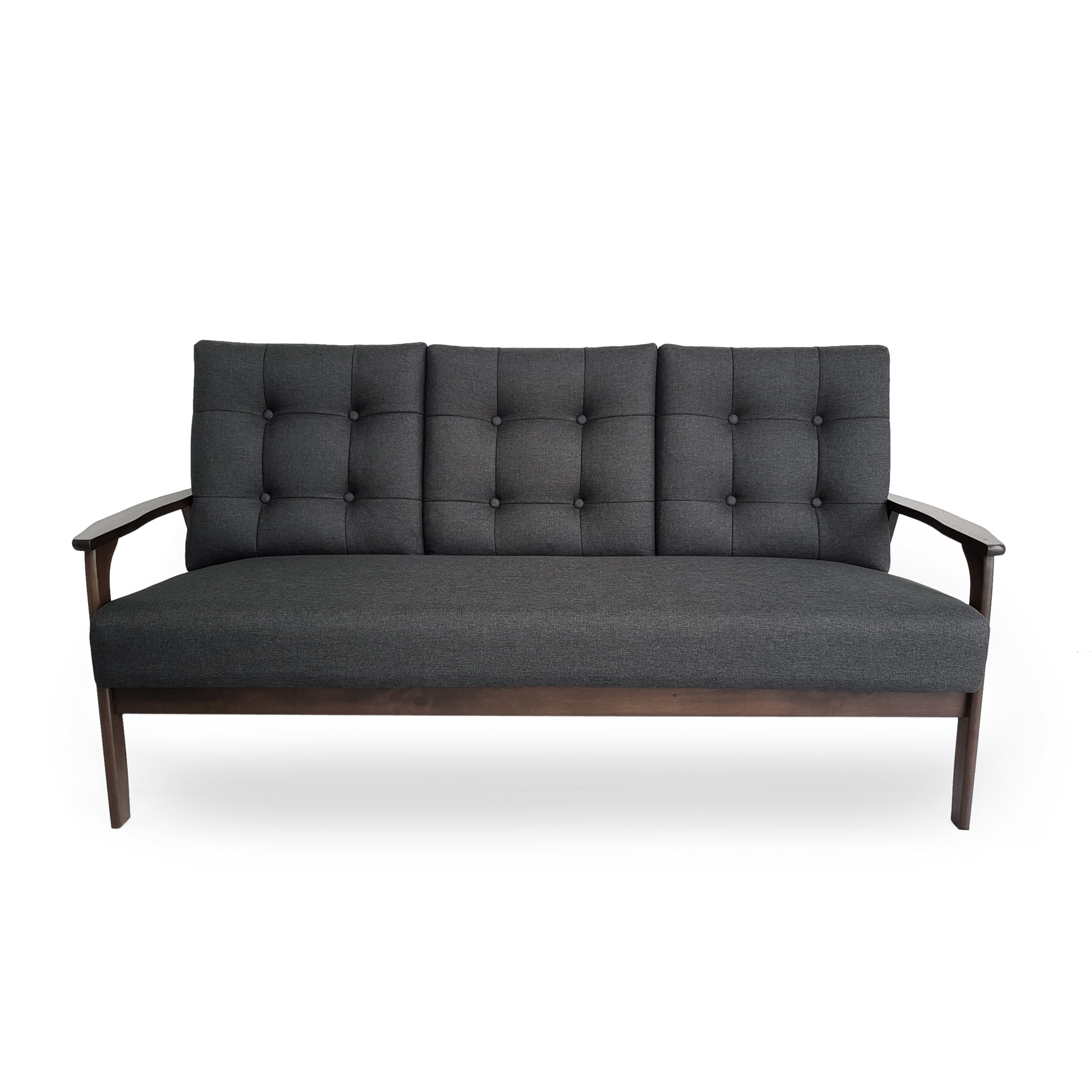 Mid-Century Tufted Black Fabric Sofa with Walnut Wood Frame