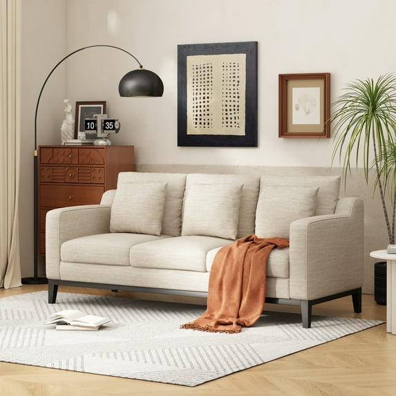 GDF Studio Noxon Contemporary Fabric 3 Seater Sofa with Accent Throw Pillow, Beige and Dark Walnut